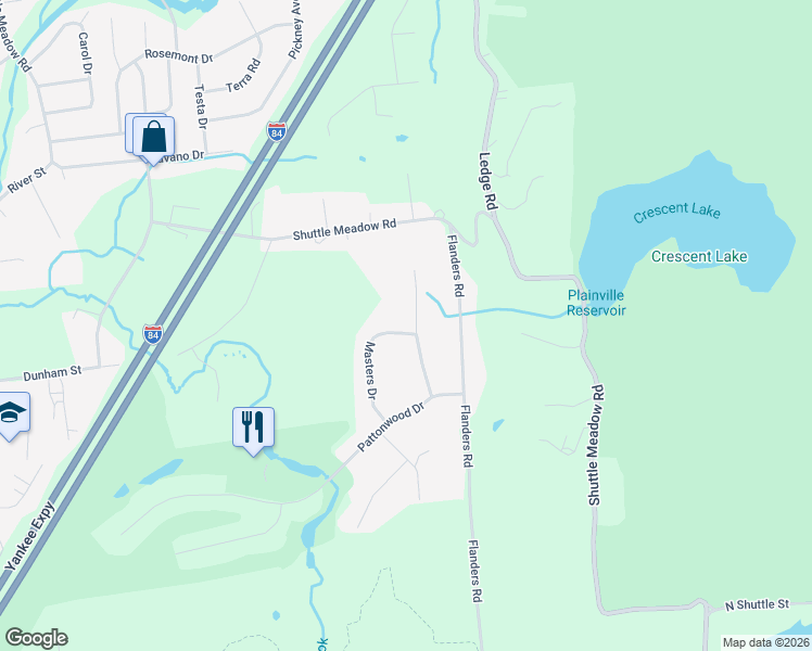 map of restaurants, bars, coffee shops, grocery stores, and more near 30 Masters Drive in Southington
