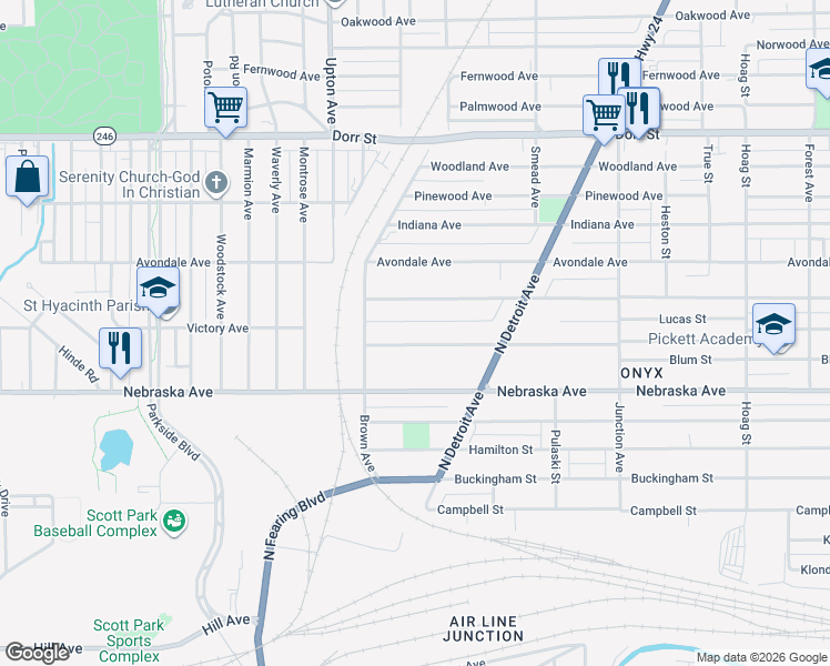 map of restaurants, bars, coffee shops, grocery stores, and more near 1662 Vance Street in Toledo