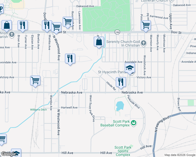 map of restaurants, bars, coffee shops, grocery stores, and more near 2294 Hinde Road in Toledo