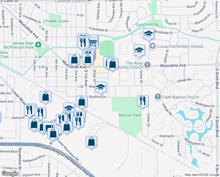 map of restaurants, bars, coffee shops, grocery stores, and more near 2600 Wayne Avenue in Iowa City