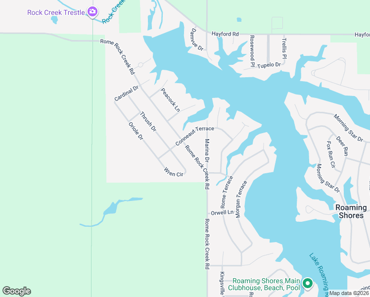 map of restaurants, bars, coffee shops, grocery stores, and more near 458 Rome Rock Creek Road in Roaming Shores
