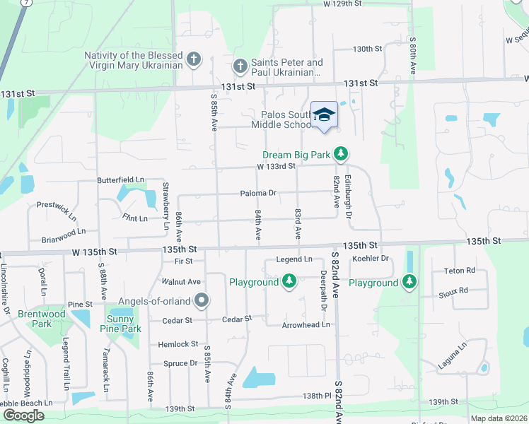 map of restaurants, bars, coffee shops, grocery stores, and more near 8401 Paloma Drive in Orland Park