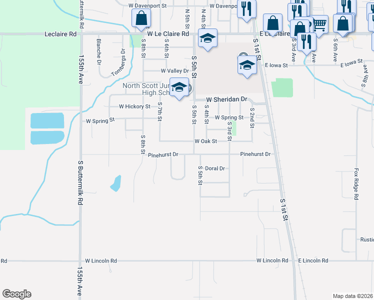 map of restaurants, bars, coffee shops, grocery stores, and more near 521 West Oak Street in Eldridge