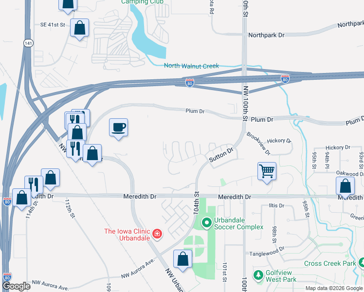 map of restaurants, bars, coffee shops, grocery stores, and more near 10615 Hickory Drive in Urbandale