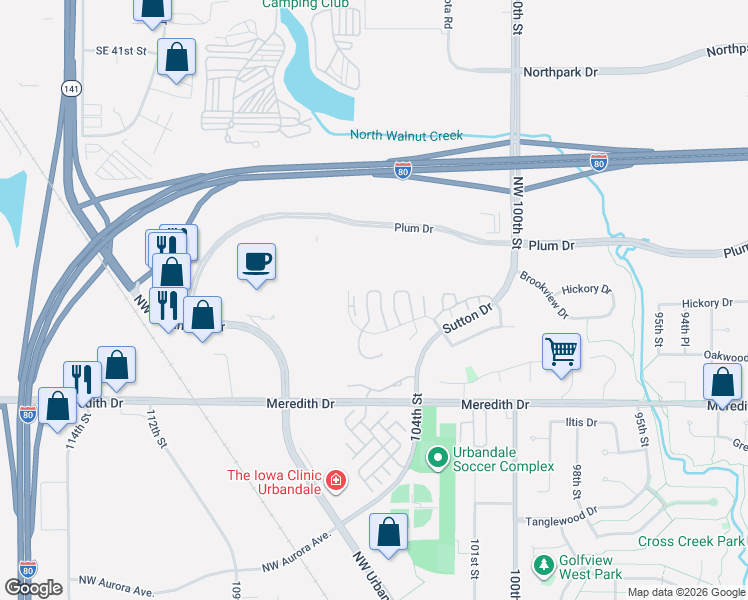 map of restaurants, bars, coffee shops, grocery stores, and more near 10615 Hickory Drive in Urbandale