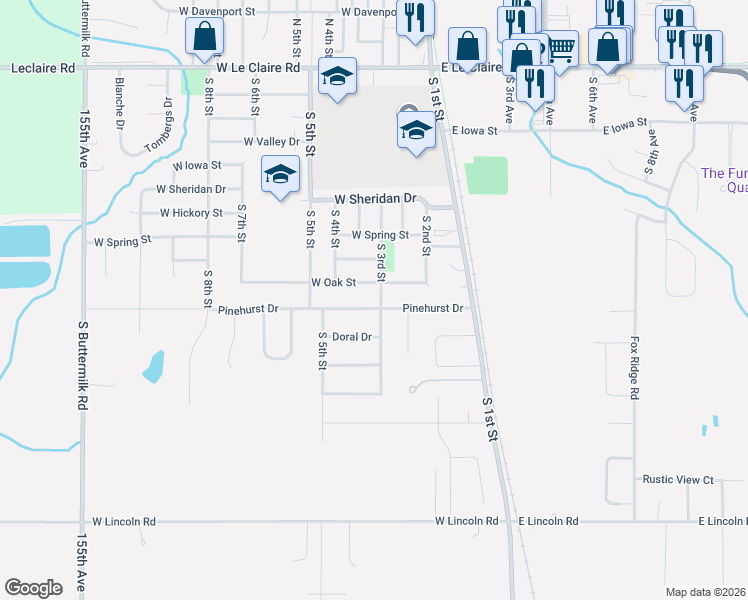 map of restaurants, bars, coffee shops, grocery stores, and more near 705 South 3rd Street in Eldridge