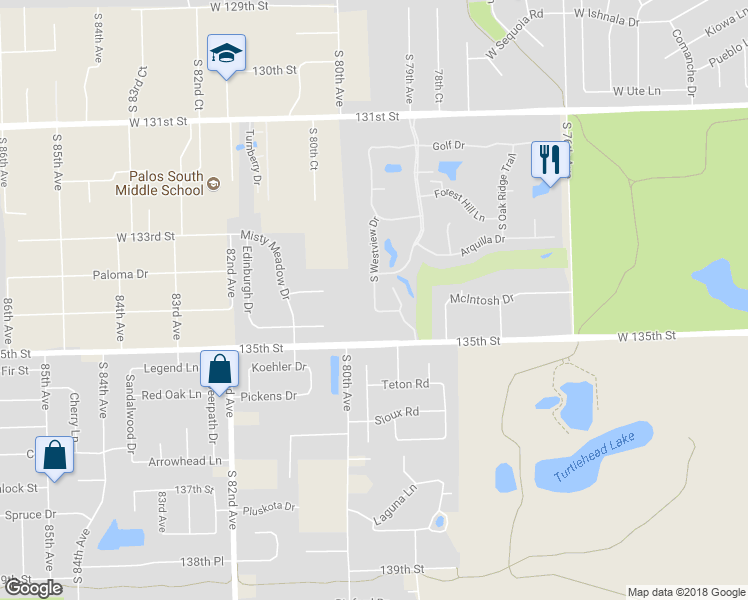 map of restaurants, bars, coffee shops, grocery stores, and more near 13466 South Westview Drive in Palos Heights
