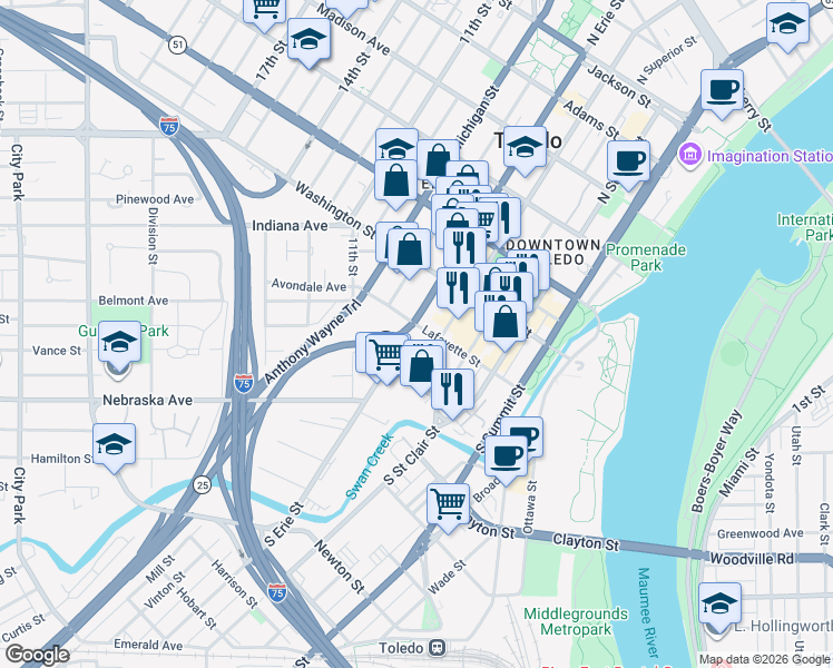 map of restaurants, bars, coffee shops, grocery stores, and more near 625 Lafayette Street in Toledo