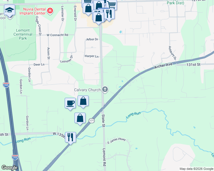 map of restaurants, bars, coffee shops, grocery stores, and more near 1363 State Street in Lemont