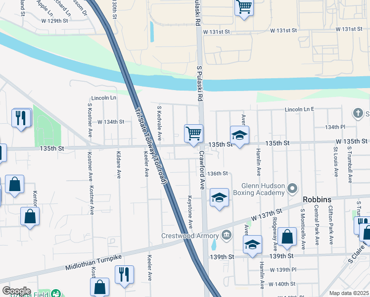 map of restaurants, bars, coffee shops, grocery stores, and more near 4105 West 135th Street in Robbins