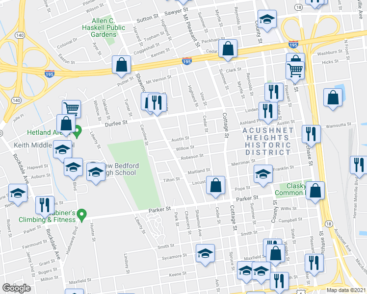 map of restaurants, bars, coffee shops, grocery stores, and more near 0 Bullock Street in New Bedford