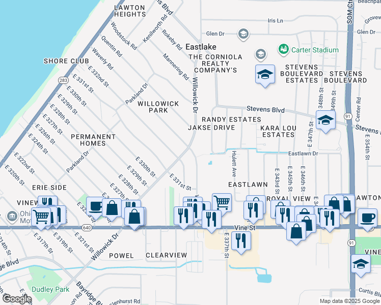 map of restaurants, bars, coffee shops, grocery stores, and more near 33284 Willowick Dr in Eastlake