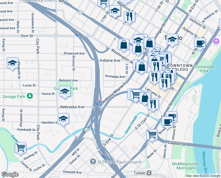 map of restaurants, bars, coffee shops, grocery stores, and more near 213 Lucas Street in Toledo