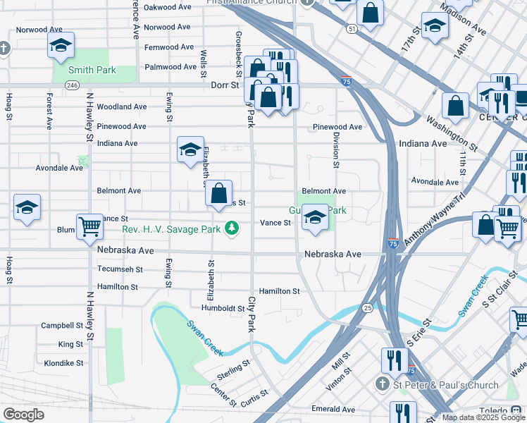 map of restaurants, bars, coffee shops, grocery stores, and more near 553 Lucas Street in Toledo