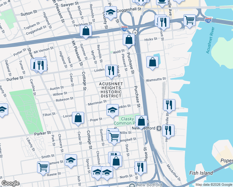 map of restaurants, bars, coffee shops, grocery stores, and more near 169 State Street in New Bedford