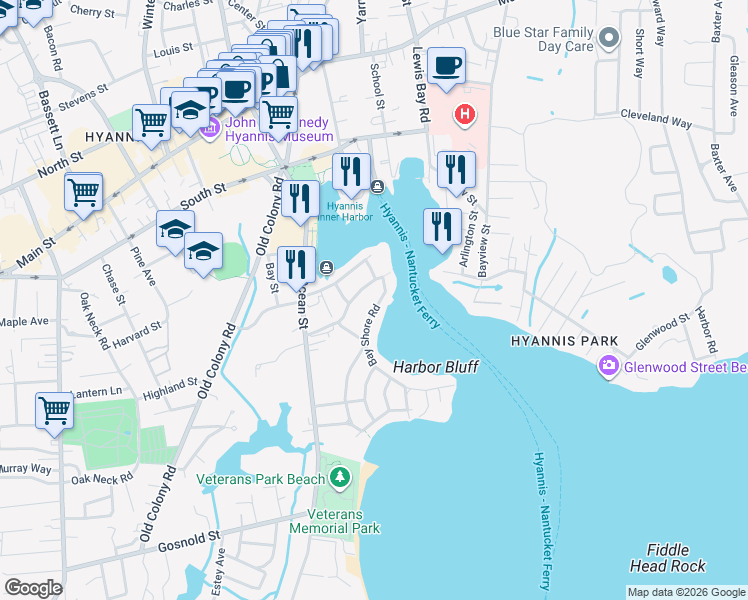 map of restaurants, bars, coffee shops, grocery stores, and more near 20 Bay Shore Road in Barnstable