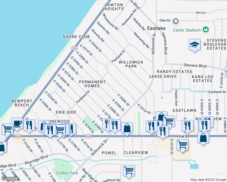 map of restaurants, bars, coffee shops, grocery stores, and more near 407 East 330th Street in Willowick