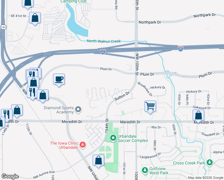 map of restaurants, bars, coffee shops, grocery stores, and more near 10161 Sutton Drive in Urbandale