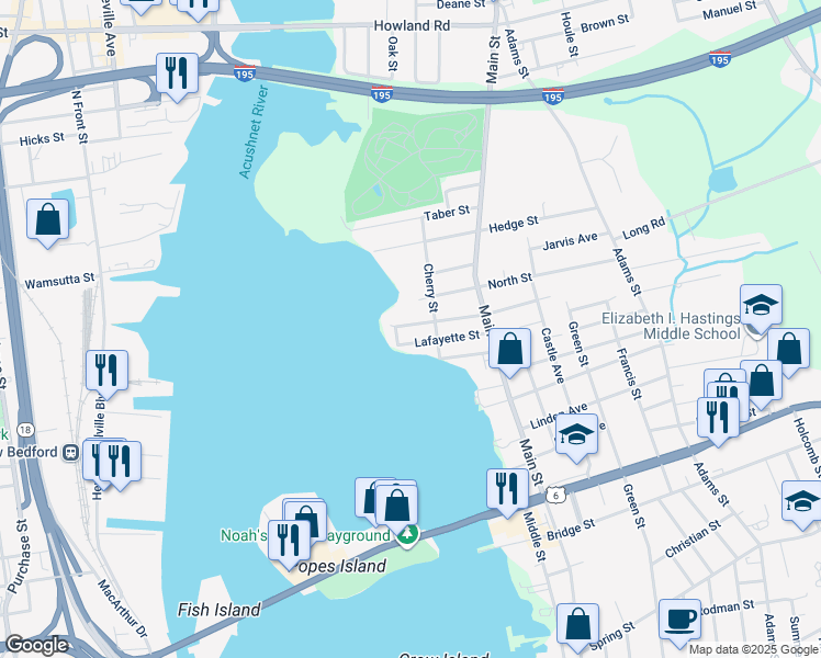map of restaurants, bars, coffee shops, grocery stores, and more near 6 Oxford Street in Fairhaven