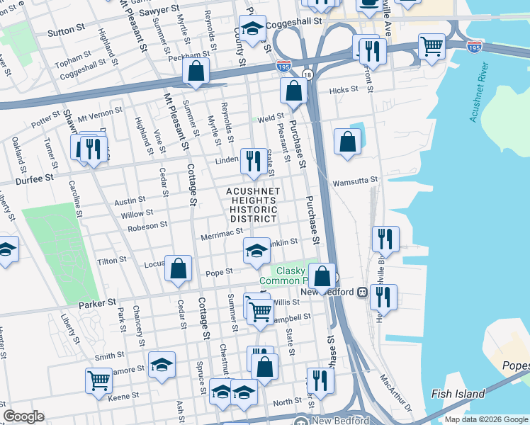 map of restaurants, bars, coffee shops, grocery stores, and more near 169 State Street in New Bedford
