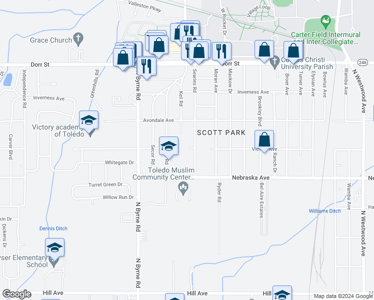 map of restaurants, bars, coffee shops, grocery stores, and more near 729 Searles Road in Toledo