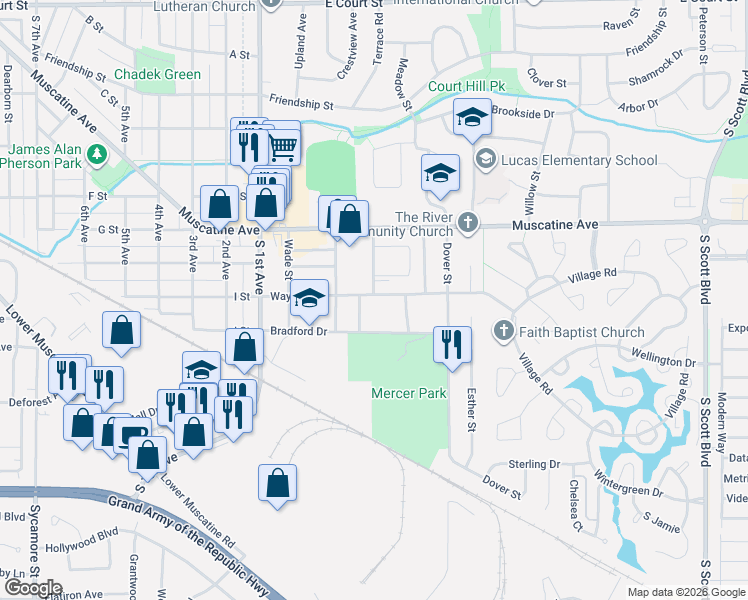 map of restaurants, bars, coffee shops, grocery stores, and more near 2715 Wayne Avenue in Iowa City