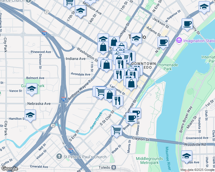 map of restaurants, bars, coffee shops, grocery stores, and more near 625 Lafayette Street in Toledo