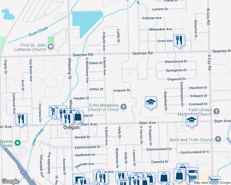 map of restaurants, bars, coffee shops, grocery stores, and more near 2844 Iroquois Drive in Oregon