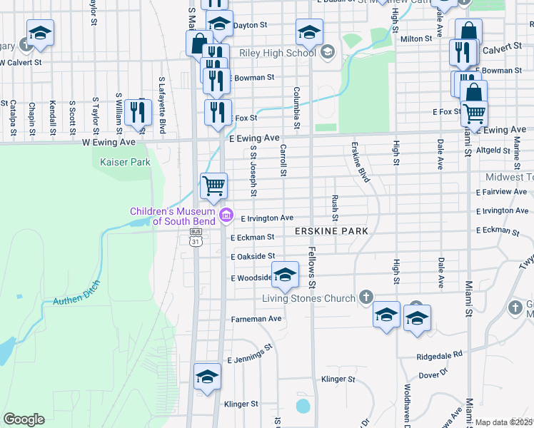 map of restaurants, bars, coffee shops, grocery stores, and more near 217 East Irvington Avenue in South Bend