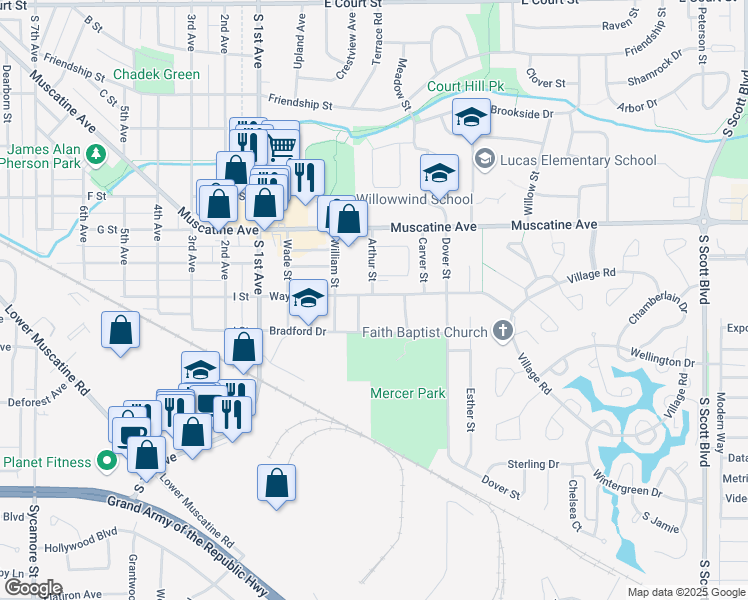 map of restaurants, bars, coffee shops, grocery stores, and more near 2715 Wayne Avenue in Iowa City