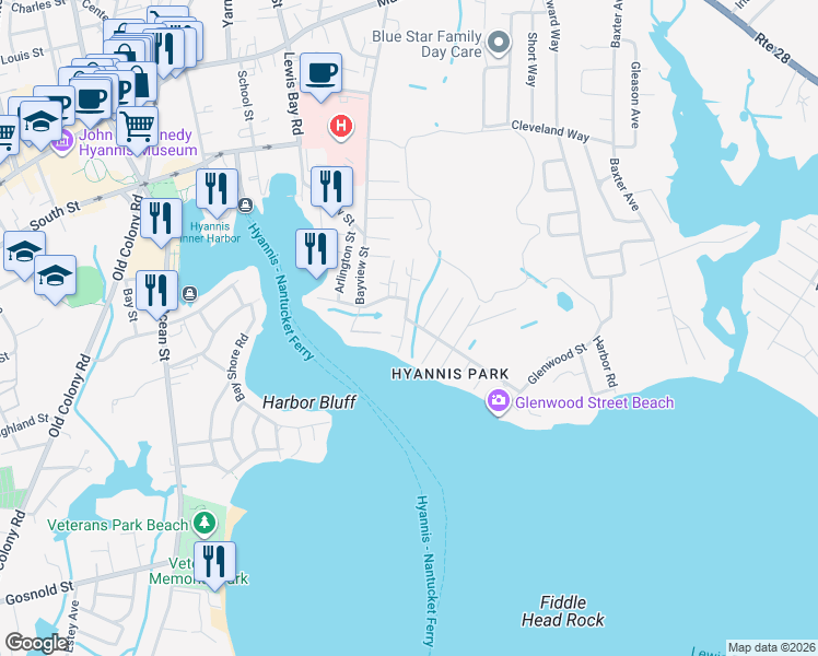 map of restaurants, bars, coffee shops, grocery stores, and more near 16 Highland Street in Yarmouth