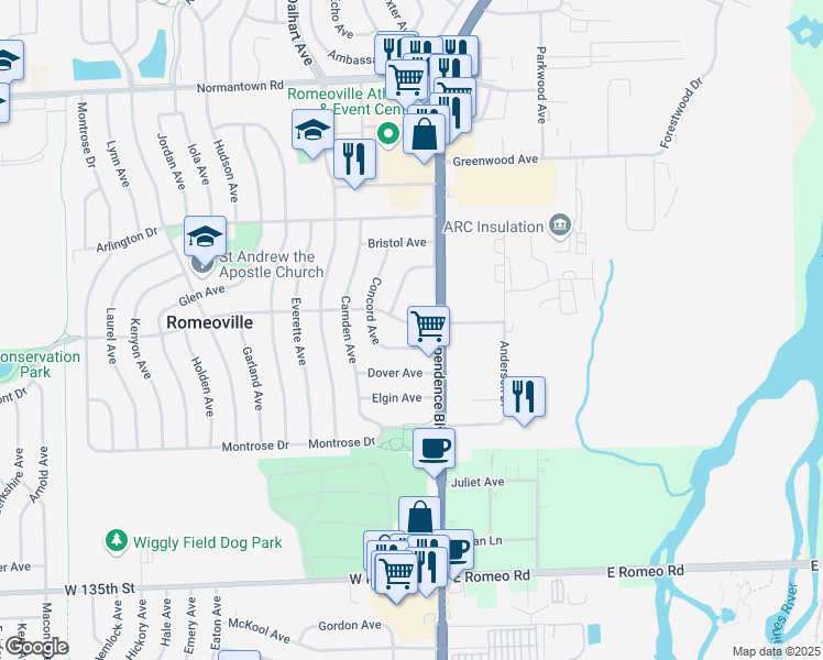 map of restaurants, bars, coffee shops, grocery stores, and more near 7 Belmont Drive in Romeoville
