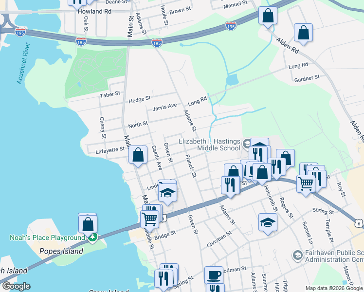 map of restaurants, bars, coffee shops, grocery stores, and more near 82 Francis Street in Fairhaven