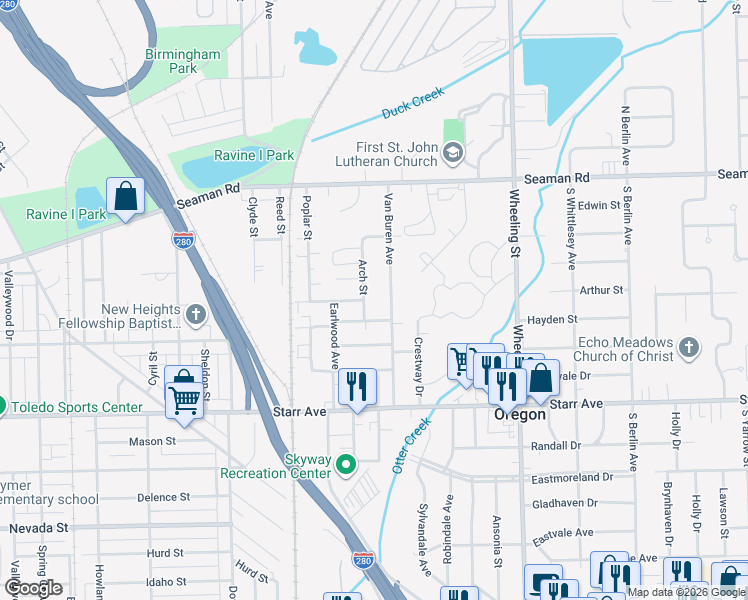 map of restaurants, bars, coffee shops, grocery stores, and more near 215 Arch Street in Toledo