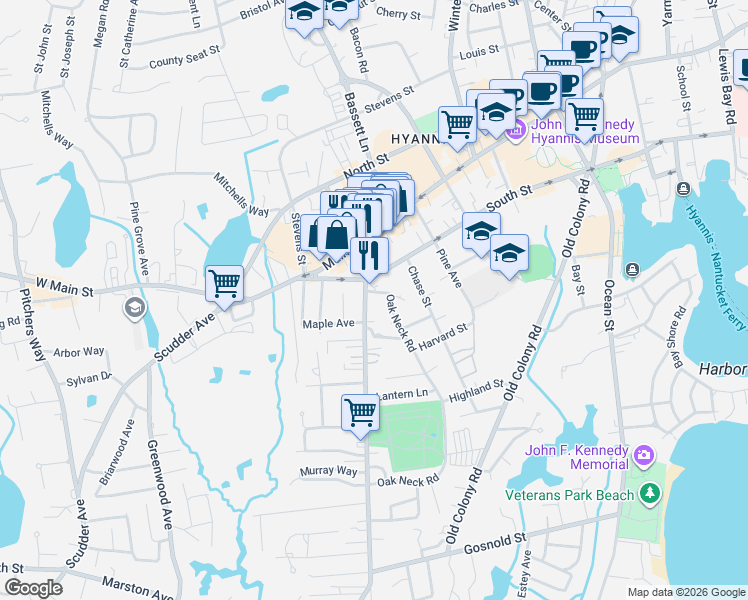 map of restaurants, bars, coffee shops, grocery stores, and more near in Barnstable
