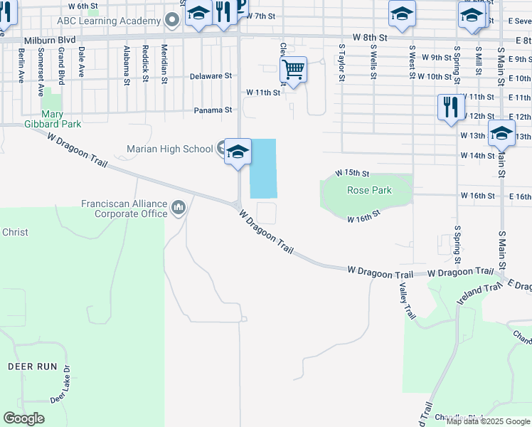 map of restaurants, bars, coffee shops, grocery stores, and more near 1540 South Logan Street in Mishawaka