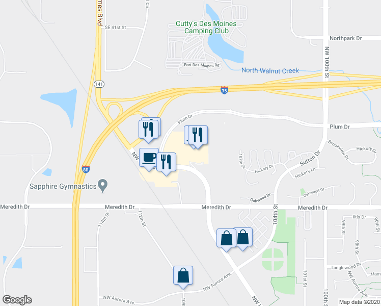 map of restaurants, bars, coffee shops, grocery stores, and more near 4801 Urbandale Avenue in Urbandale