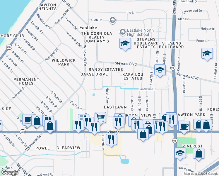 map of restaurants, bars, coffee shops, grocery stores, and more near 1209 Hulett Avenue in Eastlake