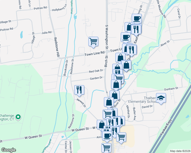 map of restaurants, bars, coffee shops, grocery stores, and more near 29 Garden Drive in Southington