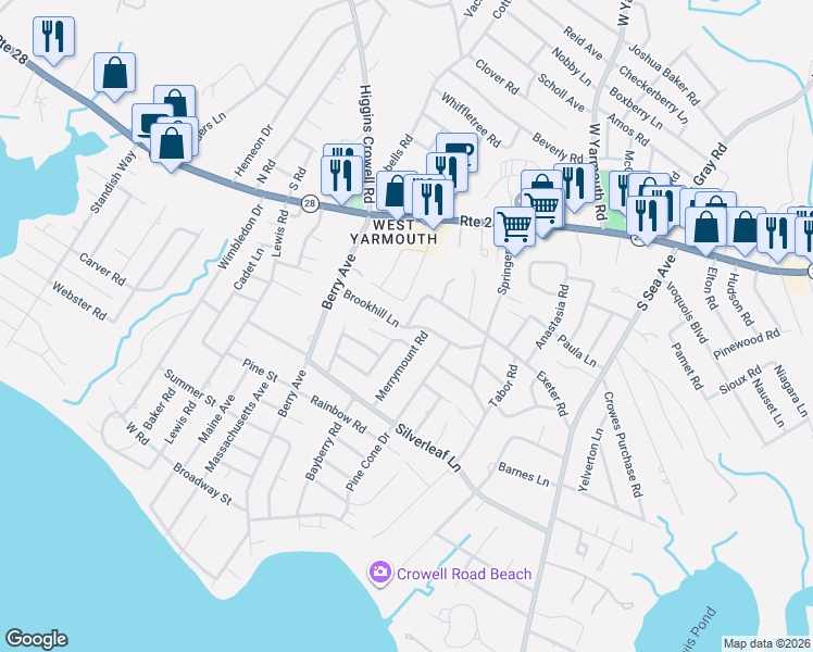 map of restaurants, bars, coffee shops, grocery stores, and more near 5 Cheshire Road in Yarmouth