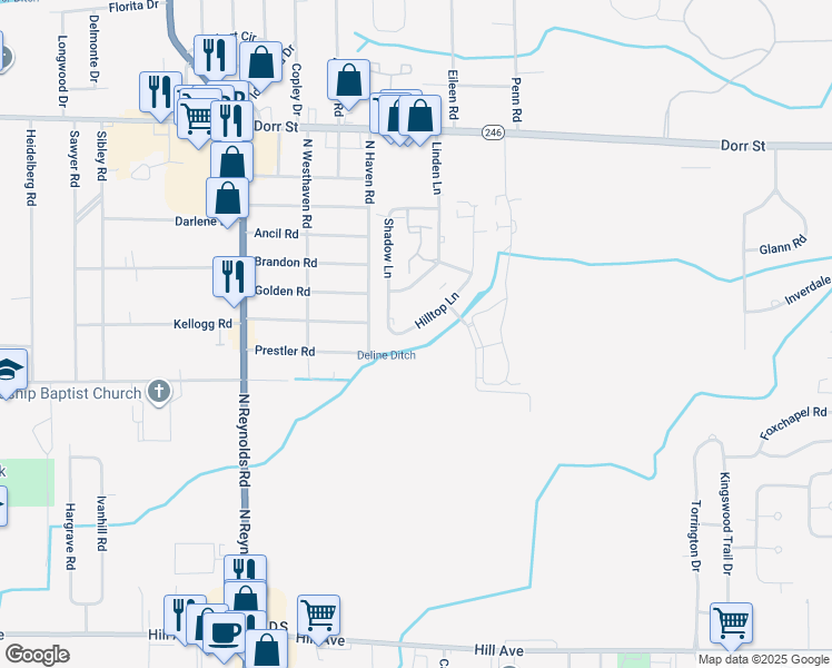 map of restaurants, bars, coffee shops, grocery stores, and more near 728 Hilltop Lane in Toledo