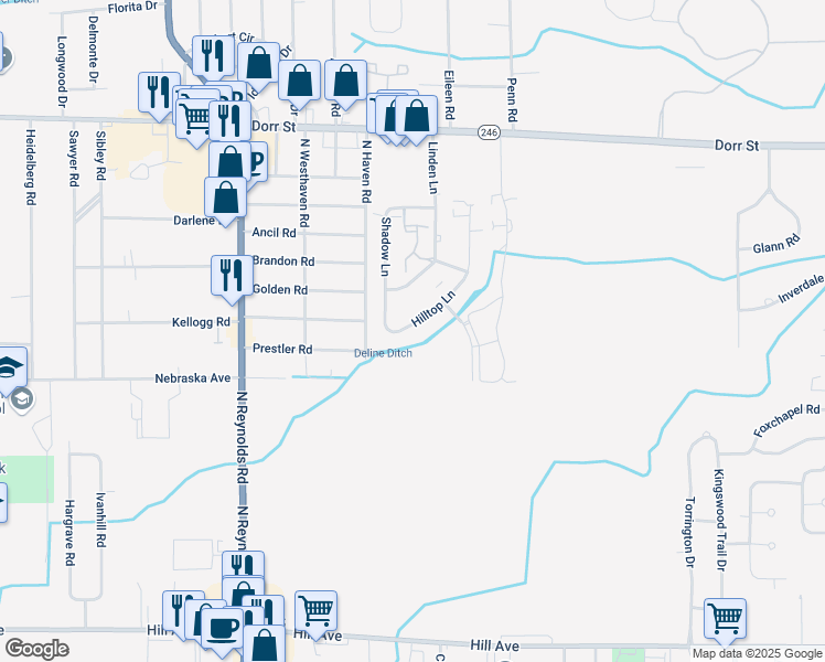 map of restaurants, bars, coffee shops, grocery stores, and more near 728 Hilltop Lane in Toledo