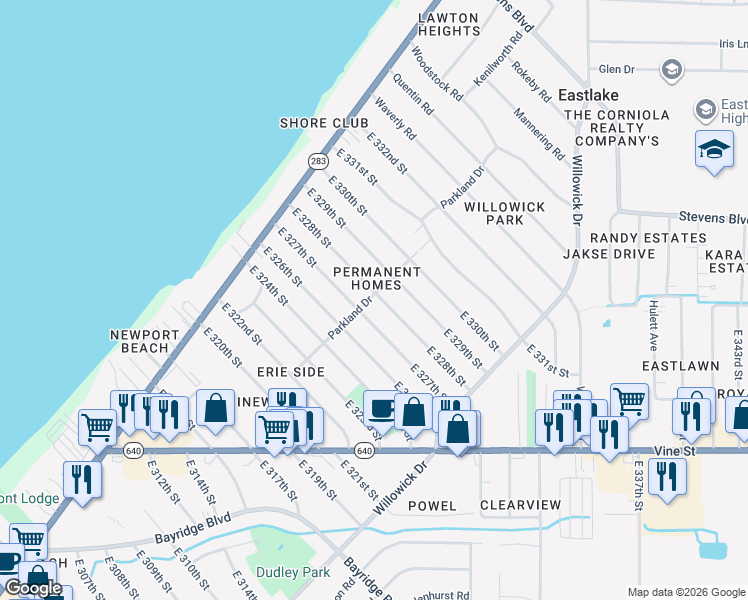 map of restaurants, bars, coffee shops, grocery stores, and more near 359 East 328th Street in Willowick