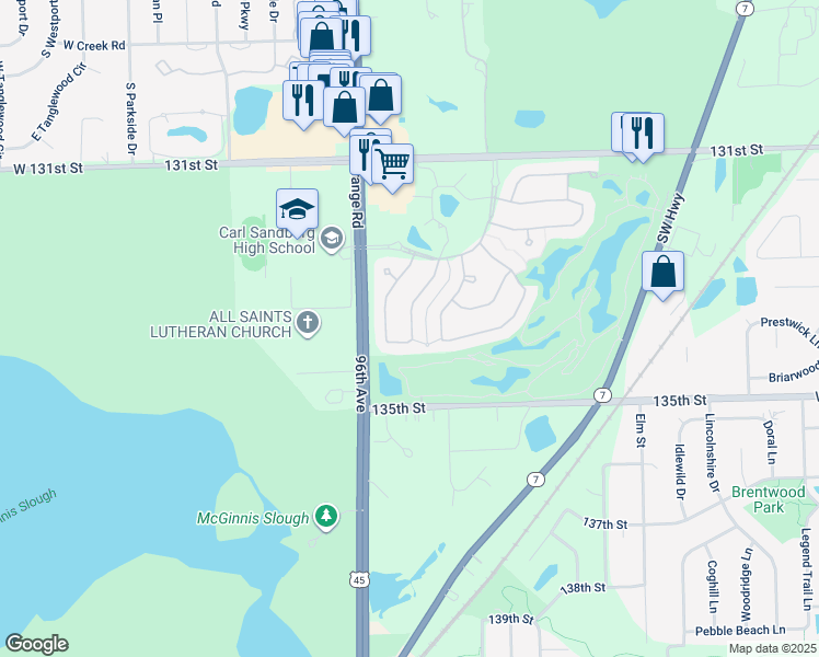 map of restaurants, bars, coffee shops, grocery stores, and more near 13352 Callan Drive in Orland Park