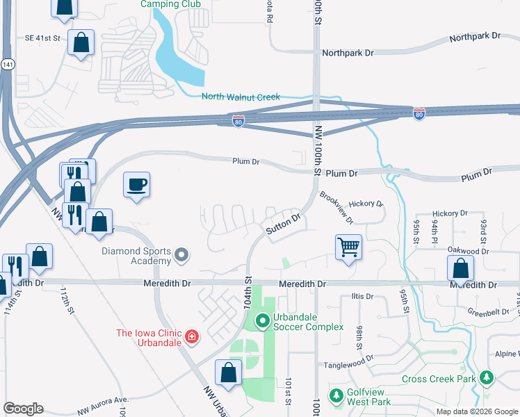 map of restaurants, bars, coffee shops, grocery stores, and more near 10161 Sutton Drive in Urbandale