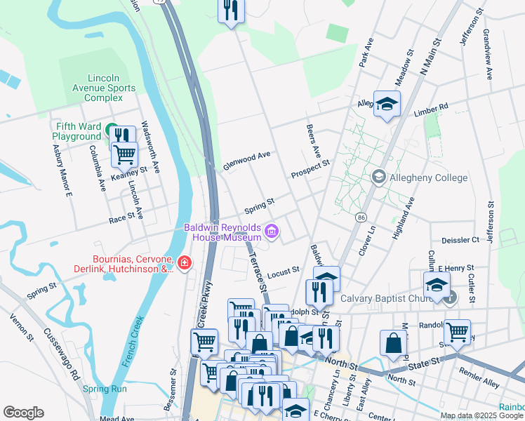 map of restaurants, bars, coffee shops, grocery stores, and more near 178 Spring Street in Meadville