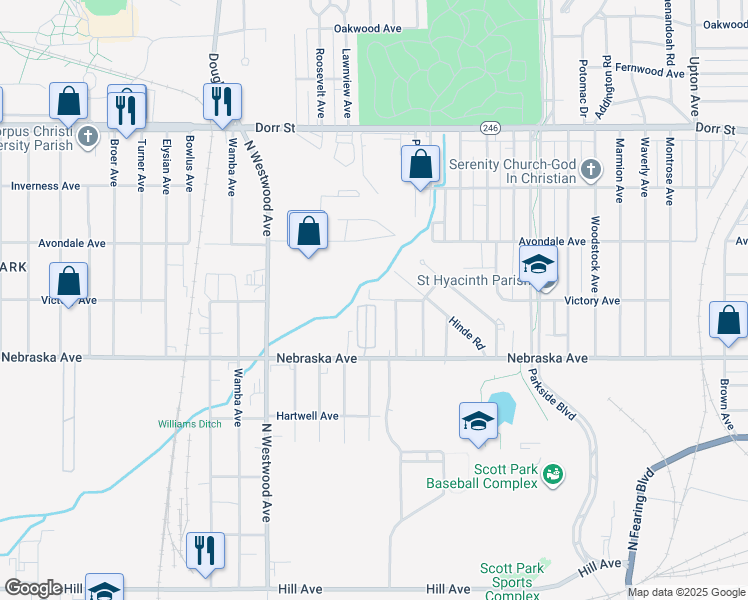 map of restaurants, bars, coffee shops, grocery stores, and more near 2410 Nebraska Avenue in Toledo