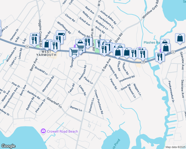 map of restaurants, bars, coffee shops, grocery stores, and more near 17 Alison Lane in Yarmouth