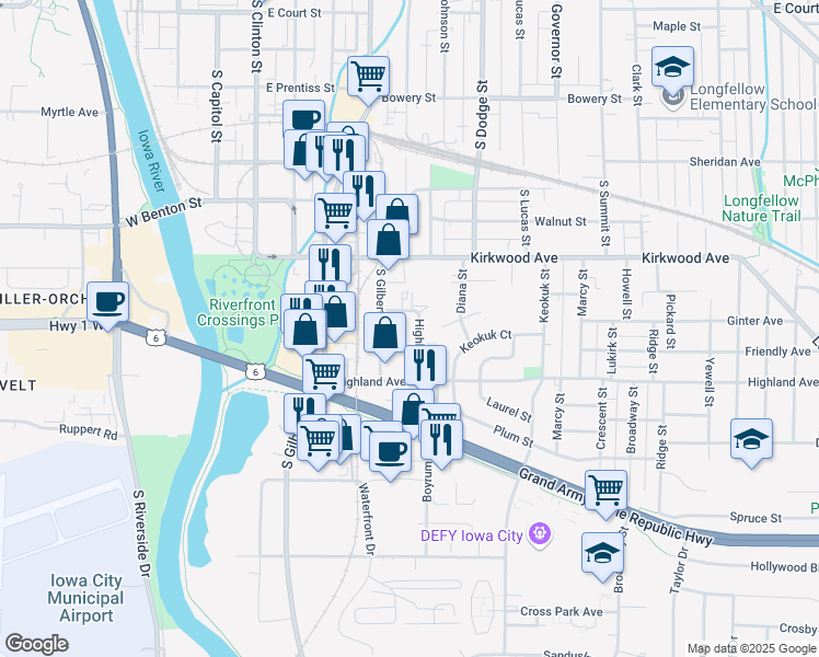 map of restaurants, bars, coffee shops, grocery stores, and more near 1207 Highland Court in Iowa City