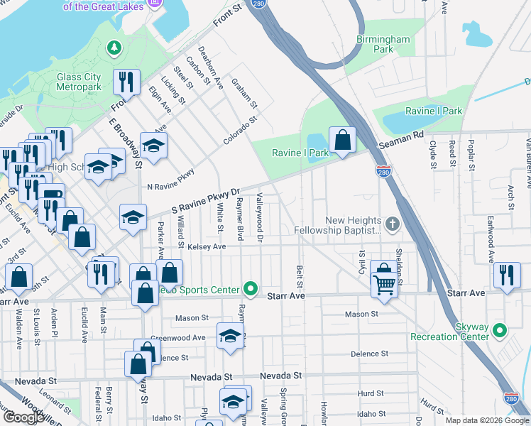 map of restaurants, bars, coffee shops, grocery stores, and more near 214 Spring Grove Avenue in Toledo